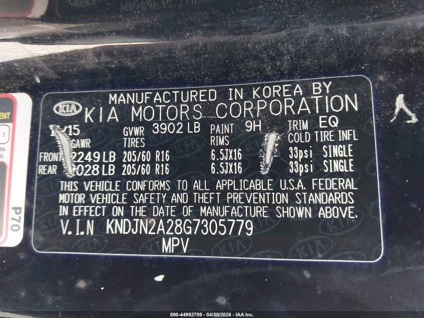 2016 Kia Soul VIN KNDJN2A28G7305779 IAAI salvage auction — REAR END, Clear-Dealer Only (Texas), sold $750 on 2026-07-15 (photo 9)