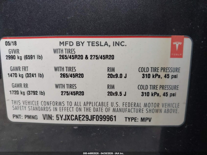 2018 Tesla Model x VIN 5YJXCAE29JF099961 IAAI salvage auction — LEFT SIDE, Salvage Title, sold $8,150 on 2026-10-11 (photo 9)