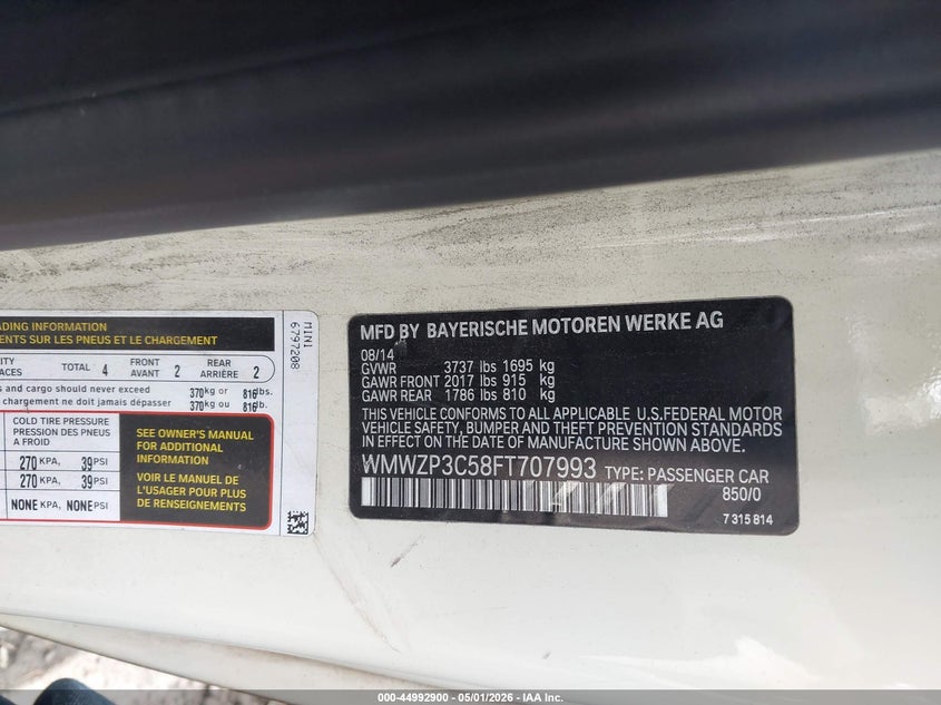 2015 Mini Convertible VIN WMWZP3C58FT707993 IAAI salvage auction — FRONT END, Wait Title, sold $575 on 2026-07-07 (photo 9)