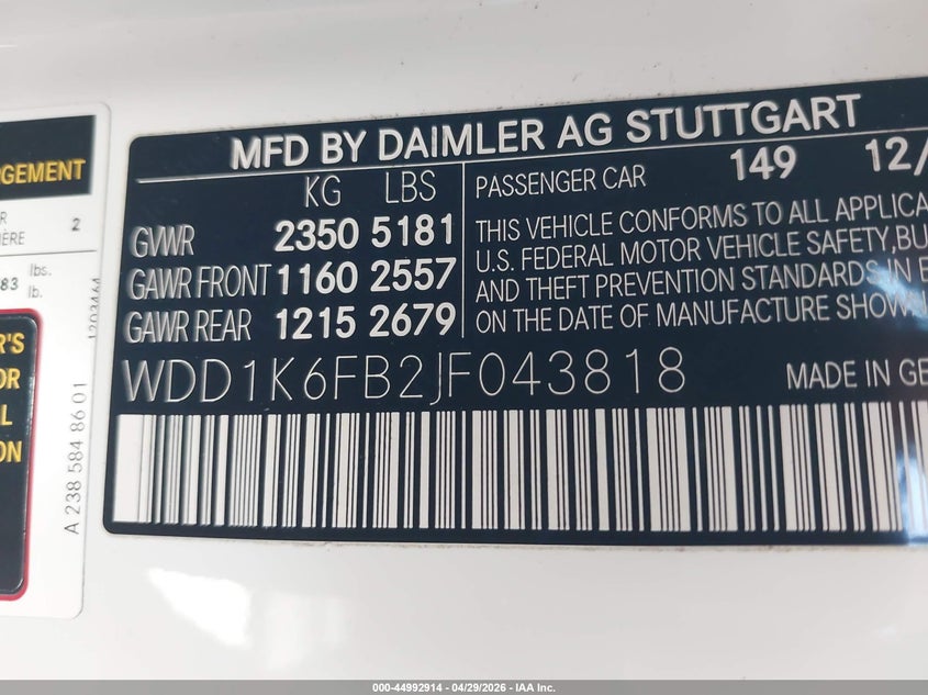 2018 Mercedes-benz E-klasse VIN WDD1K6FB2JF043818 IAAI salvage auction — REAR END, Salvage Title, sold $10,800 on 2026-07-08 (photo 9)