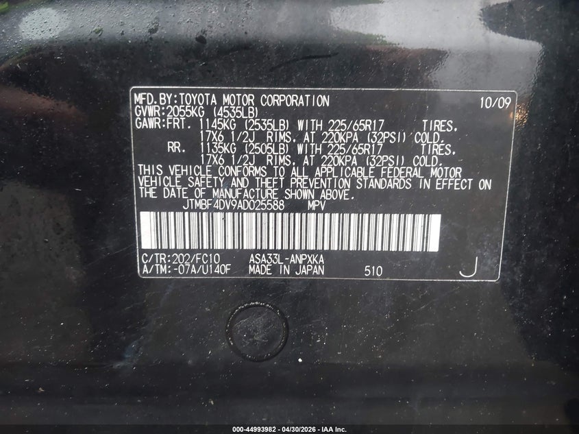 2010 Toyota Rav 4 VIN JTMBF4DV9AD025588 IAAI salvage auction — RIGHT FRONT, Clear (Massachusetts), sold $1,800 on 2026-07-07 (photo 9)