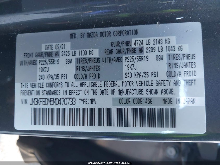 2021 Mazda Cx-5 VIN JM3KFBDM5M0470733 IAAI salvage auction — FRONT END, Mv-907A (New York), sold $5,700 on 2026-07-28 (photo 9)