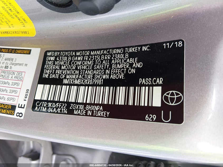2019 Toyota C-hr VIN NMTKHMBX2KR079981 IAAI salvage auction — FRONT END, Salvage (Kansas), sold $5,200 on 2026-07-16 (photo 9)