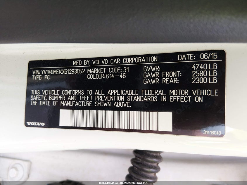 2016 Volvo V60 VIN YV140MEKXG1293052 IAAI salvage auction — FRONT END, Salvage (Georgia), sold $400 on 2026-08-06 (photo 9)