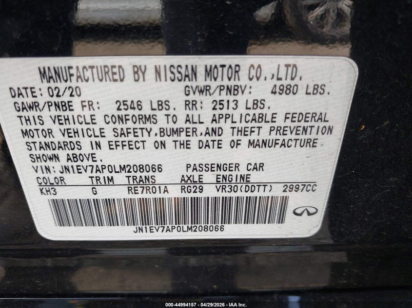 2020 Infiniti Q50 VIN JN1EV7AP0LM208066 IAAI salvage auction — FRONT END, Salvage (Texas), sold $2,325 on 2026-07-29 (photo 9)