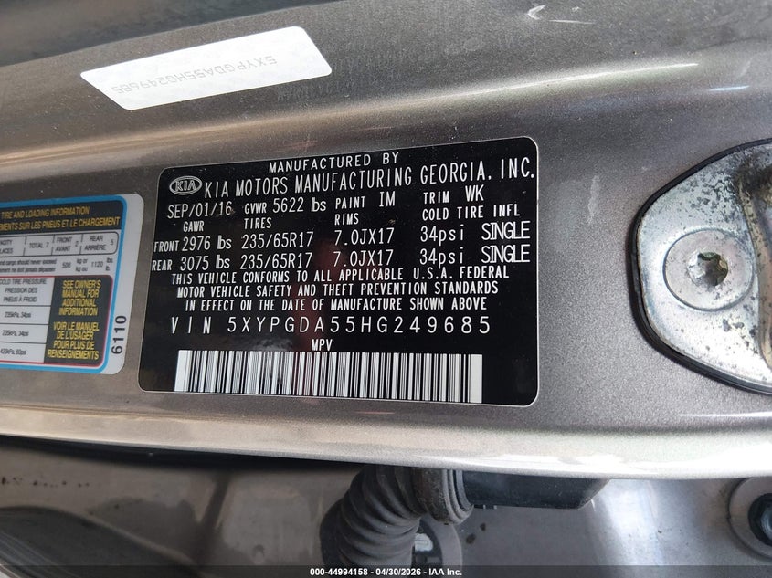 2017 Kia Sorento VIN 5XYPGDA55HG249685 IAAI salvage auction — FRONT END, Salvage - Dealer Only (Ohio), sold $1,000 on 2026-07-16 (photo 9)