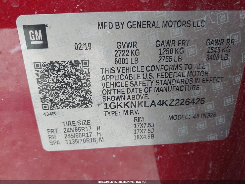 2019 Gmc Acadia VIN 1GKKNKLA4KZ226426 IAAI salvage auction — FRONT END, Original (Texas), sold $1,550 on 2026-07-24 (photo 9)
