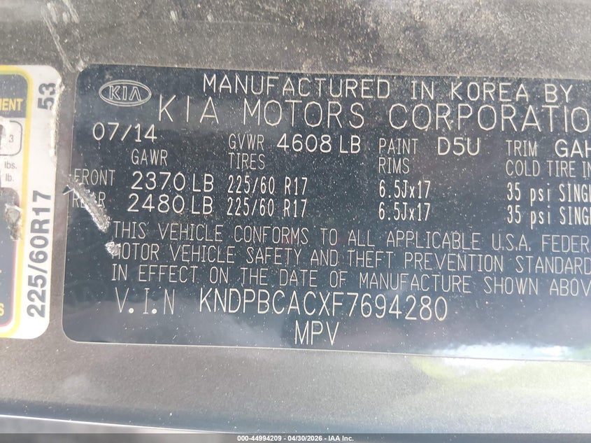 2015 Kia Sportage VIN KNDPBCACXF7694280 IAAI salvage auction — REAR END, Salvage (South Carolina), sold $1,050 on 2026-07-14 (photo 9)