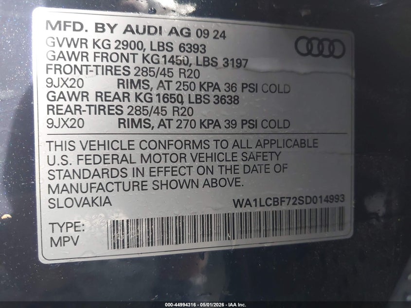2025 Audi Q7 VIN WA1LCBF72SD014993 IAAI salvage auction — FRONT END, Salvage (North Carolina), sold $19,950 on 2026-07-06 (photo 9)