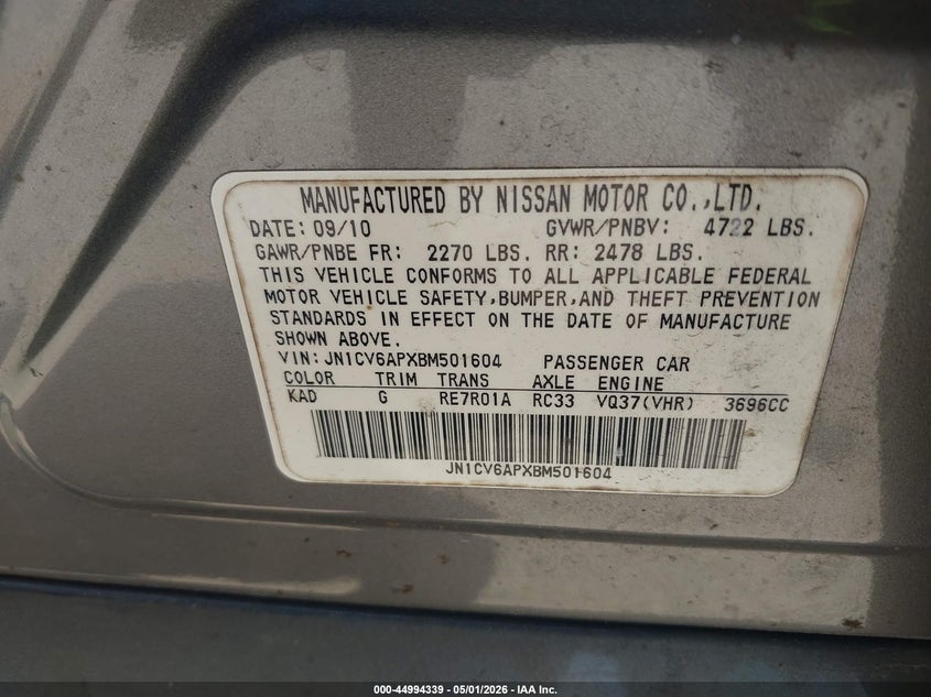 2011 Infiniti G VIN JN1CV6APXBM501604 IAAI salvage auction — FRONT END, Rebuildable (Florida), sold $550 on 2026-07-28 (photo 9)