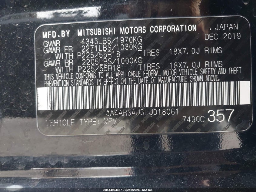 2020 Mitsubishi Outlander VIN JA4AR3AU3LU018061 IAAI salvage auction — FRONT END, Salvage (Utah), sold $2,500 on 2026-07-30 (photo 9)