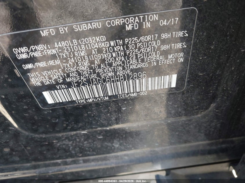 2017 Subaru Forester VIN JF2SJAGC6HH812896 IAAI salvage auction — RIGHT SIDE, Salvage (Oregon), sold $2,000 on 2026-07-13 (photo 9)