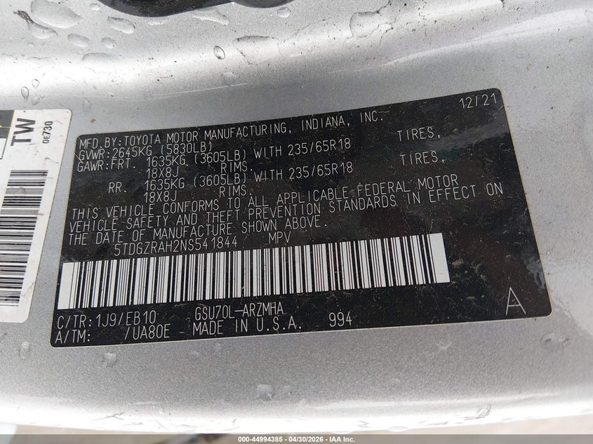 2022 Toyota Highlander VIN 5TDGZRAH2NS541844 IAAI salvage auction — REAR END, Junk Receipt (North Carolina), sold $6,200 on 2026-07-15 (photo 9)