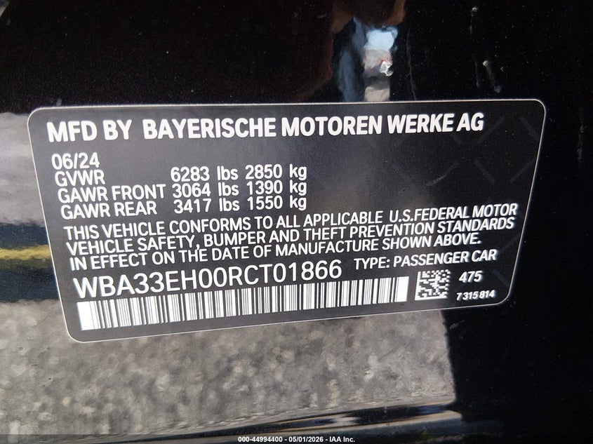 2024 BMW 7er VIN WBA33EH00RCT01866 IAAI salvage auction — FRONT END, Wait Title, sold $30,250 on 2026-08-13 (photo 9)