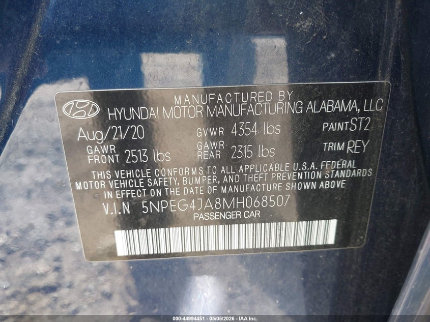 2021 Hyundai Sonata VIN 5NPEG4JA8MH068507 IAAI salvage auction — FRONT END, Salvage (Massachusetts), sold $2,000 on 2026-07-17 (photo 9)