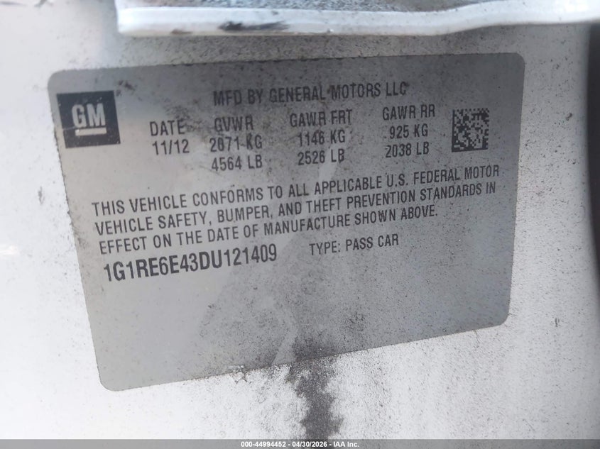 2013 Chevrolet Volt VIN 1G1RE6E43DU121409 IAAI salvage auction — NORMAL WEAR, Clear - Dealer Only (California), sold $1,225 on 2026-07-09 (photo 9)