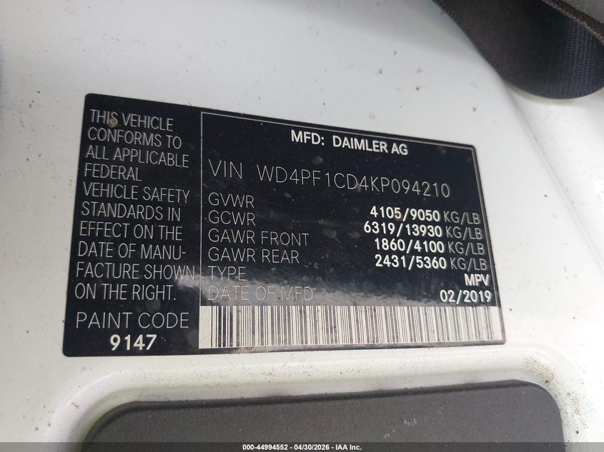 2019 Mercedes-benz Sprinter VIN WD4PF1CD4KP094210 IAAI salvage auction — FRONT END, Rebuildable (Florida), sold $1,500 on 2026-07-22 (photo 9)