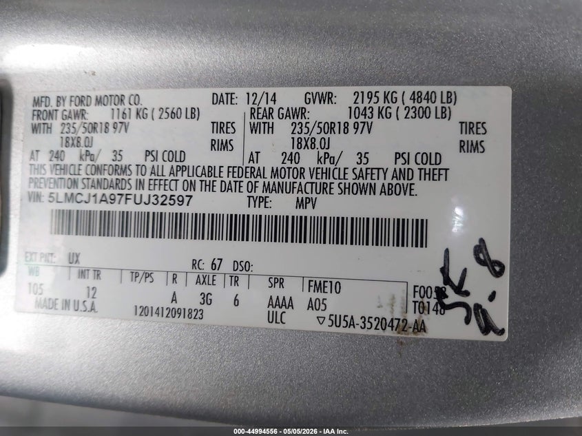 2015 Lincoln Mkc VIN 5LMCJ1A97FUJ32597 IAAI salvage auction — RIGHT FRONT, Original (Texas), sold $1,100 on 2026-07-09 (photo 9)