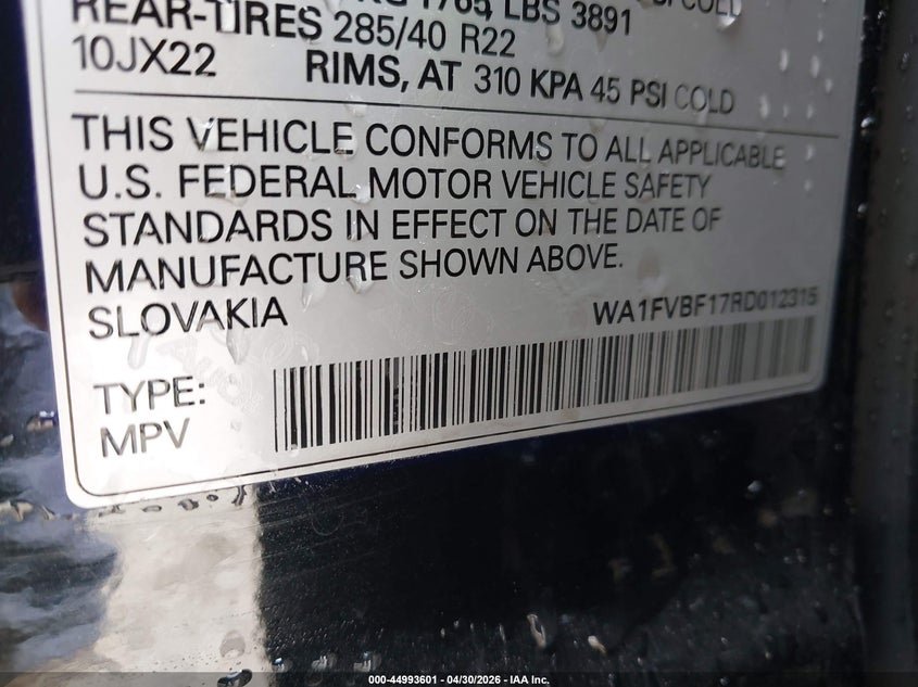 2024 Audi Q8 VIN WA1FVBF17RD012315 IAAI salvage auction — LEFT REAR, Salvage (Georgia), sold $50,500 on 2026-07-27 (photo 9)