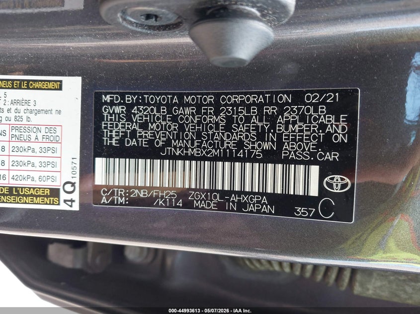 2021 Toyota C-hr VIN JTNKHMBX2M1114175 IAAI salvage auction — FRONT END, Bill Of Sale (Hawaii), sold $2,250 on 2026-07-07 (photo 9)