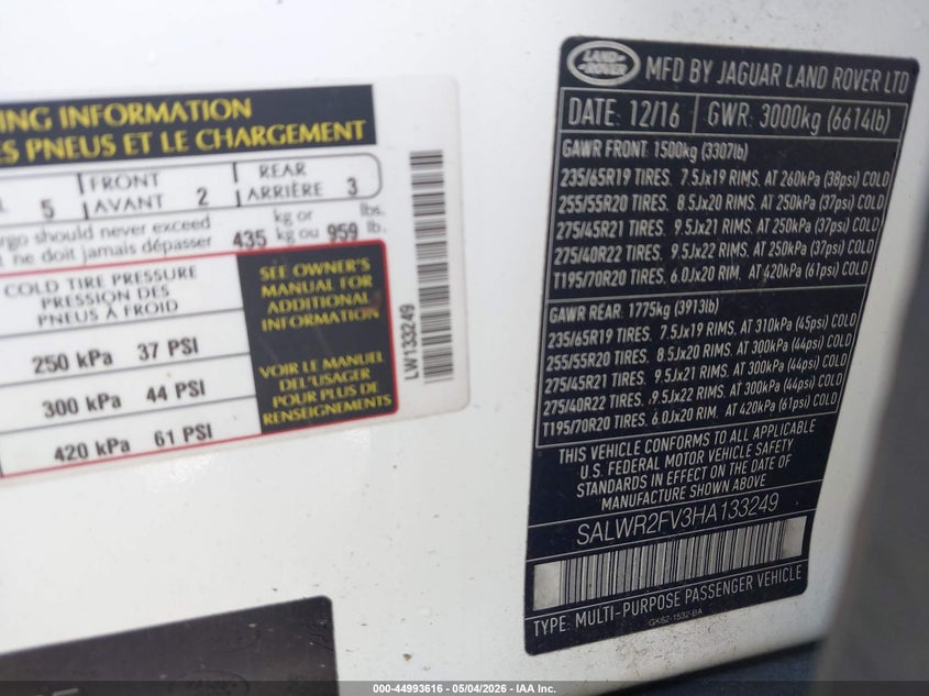 2017 Land rover Range rover sport VIN SALWR2FV3HA133249 IAAI salvage auction — FRONT END, Bill Of Sale (Washington), sold $4,925 on 2026-07-22 (photo 9)