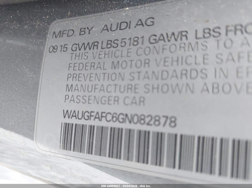 2016 Audi A6 VIN WAUGFAFC6GN082878 IAAI salvage auction — FRONT END, Mv-907A (New York), sold $1,150 on 2026-07-07 (photo 9)