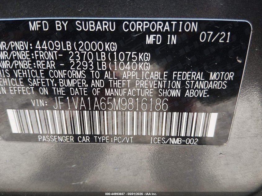 2021 Subaru Wrx VIN JF1VA1A65M9816186 IAAI salvage auction — FRONT END, Salvage (Kansas), sold $1,100 on 2026-07-09 (photo 9)