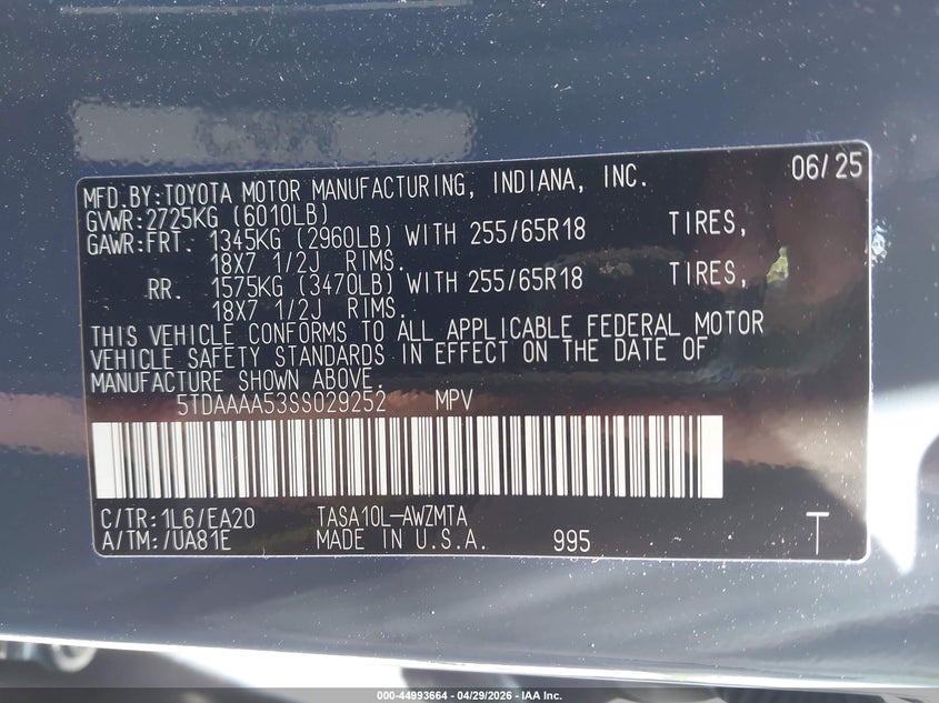 2025 Toyota Highlander VIN 5TDAAAA53SS029252 IAAI salvage auction — FRONT END, Clear (South Carolina), sold $26,000 on 2026-07-29 (photo 9)
