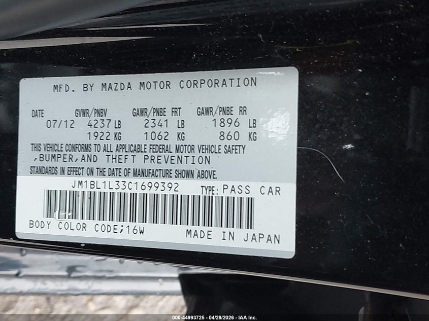 2012 Mazda 3 VIN JM1BL1L33C1699392 IAAI salvage auction — LEFT FRONT, Junk Bill Of Sale Mv2459 (Wisconsin), sold $350 on 2026-07-28 (photo 9)