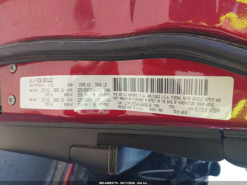 2015 Jeep Cherokee VIN 1C4PJMCS4FW649614 IAAI salvage auction — HAIL, Salvage (Iowa), sold $1,200 on 2026-08-24 (photo 9)