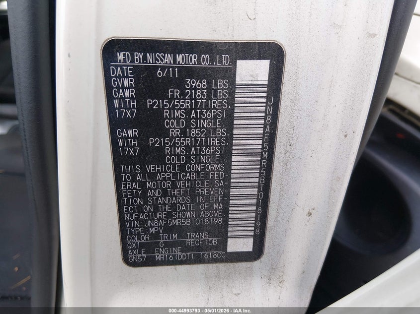 2011 Nissan Juke VIN JN8AF5MR5BT018198 IAAI salvage auction — FRONT END, Salvage (Tennessee), sold $225 on 2026-07-06 (photo 9)