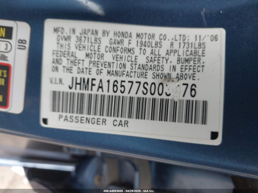 2007 Honda Civic VIN JHMFA16577S003376 IAAI salvage auction — FRONT END, Salvage (Arizona), sold $625 on 2026-07-14 (photo 9)