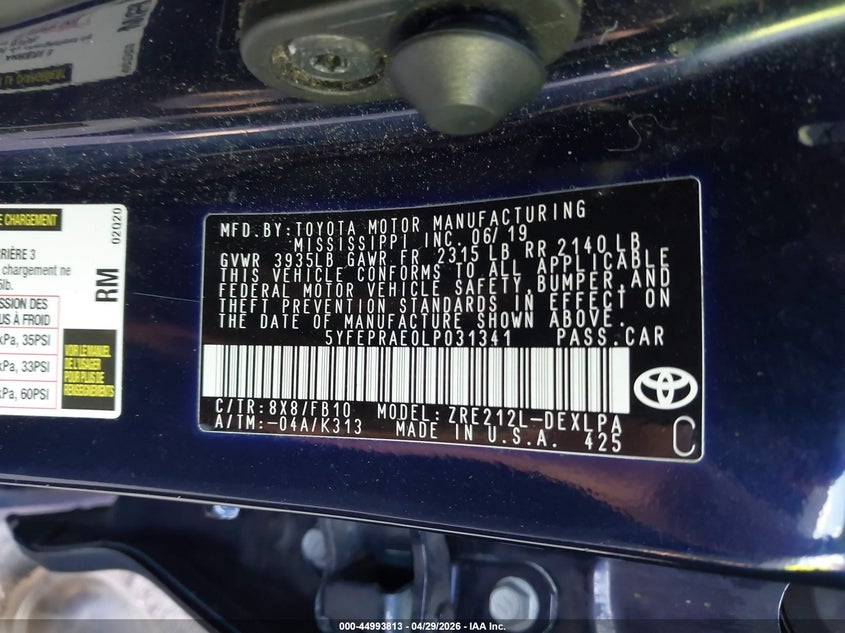 2020 Toyota Corolla VIN 5YFEPRAE0LP031341 IAAI salvage auction — FRONT END, Certificate Of Destruction (Florida), sold $2,050 on 2026-07-21 (photo 9)