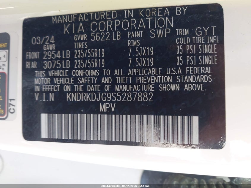 2025 Kia Sorento VIN KNDRKDJG9S5287882 IAAI salvage auction — HAIL, Salvage (Ohio), sold $17,900 on 2026-07-28 (photo 9)