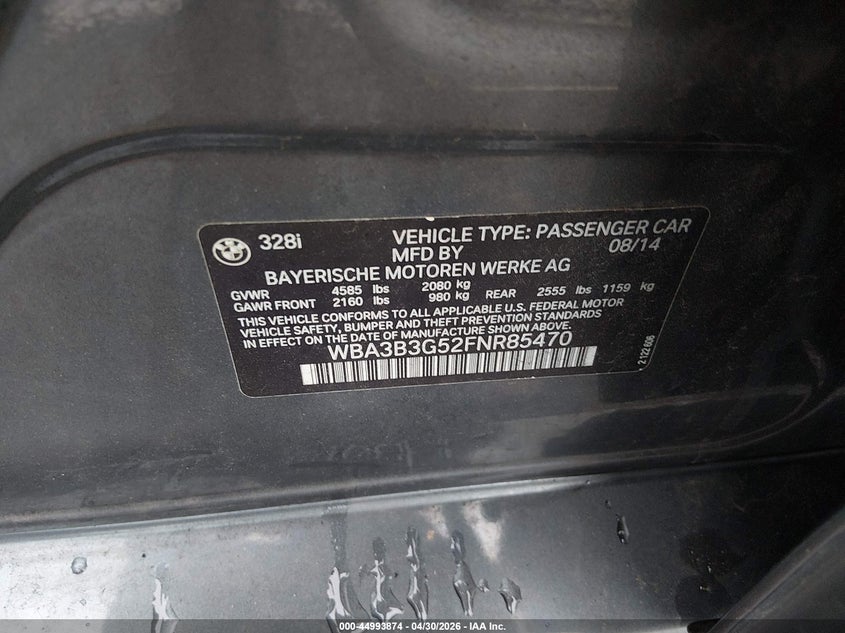 2015 BMW 3er VIN WBA3B3G52FNR85470 IAAI salvage auction — RIGHT SIDE, Salvage (New Jersey), sold $2,000 on 2026-07-27 (photo 9)