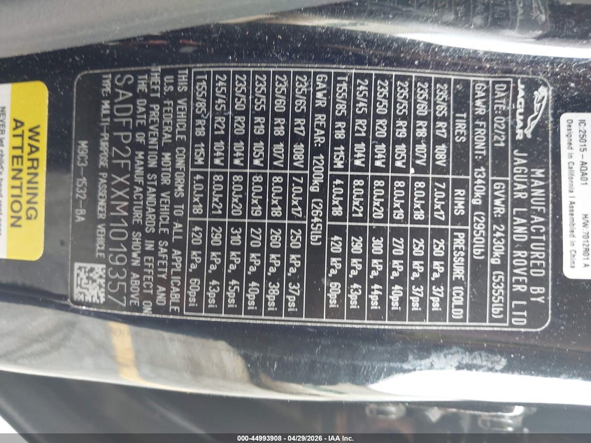 2021 Jaguar E-pace VIN SADFP2FXXM1019357 IAAI salvage auction — FRONT END, Salvage (Georgia), sold $4,275 on 2026-07-22 (photo 9)