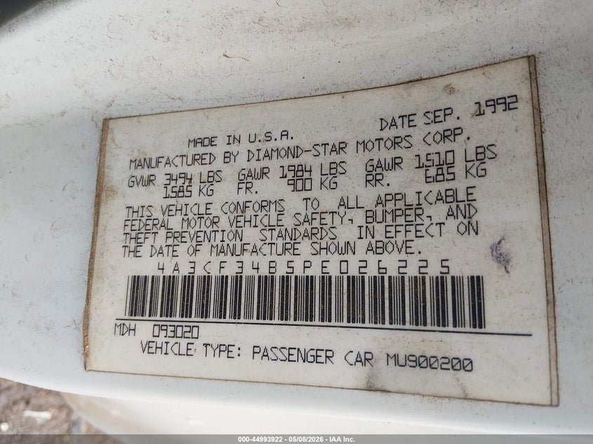 1993 Mitsubishi ECLIPSE VIN 4A3CF34B5PE026225 IAAI salvage auction — LEFT FRONT, Salvage (Texas), sold $200 on 2026-07-07 (photo 9)