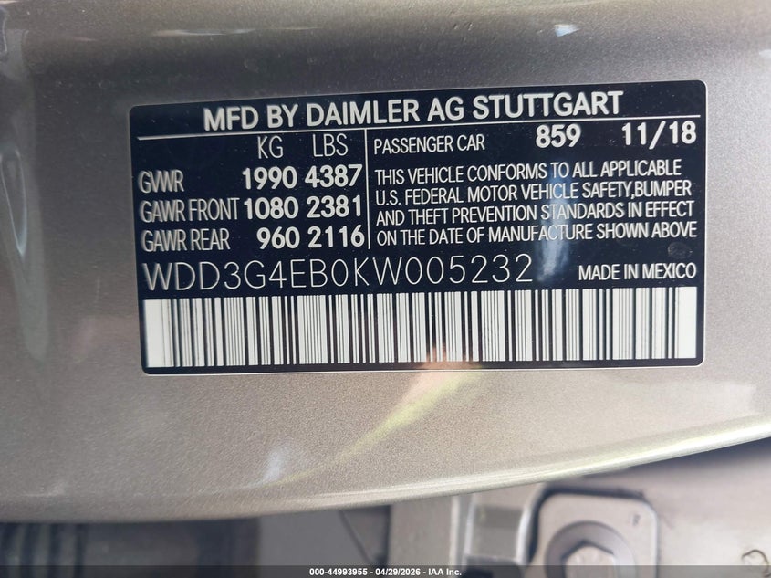 2019 Mercedes-benz A-klasse VIN WDD3G4EB0KW005232 IAAI salvage auction — FRONT END, Salvage (South Carolina), sold $7,000 on 2026-07-15 (photo 9)