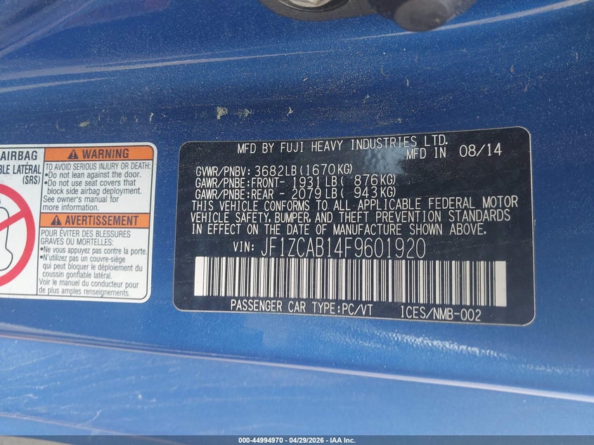 2015 Subaru Brz VIN JF1ZCAB14F9601920 IAAI salvage auction — FRONT & REAR, Wait Title, sold $25 on 2026-07-29 (photo 9)