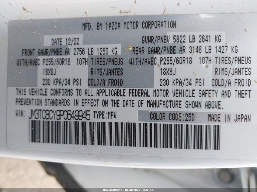 2023 Mazda Cx-9 VIN JM3TCBCY9P0649945 IAAI salvage auction — ROLLOVER, Salvage (Utah), sold $25 on 2026-07-29 (photo 9)