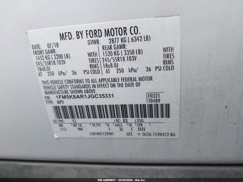 2018 Ford VIN 1FM5K8AR1JGC35331 IAAI salvage auction — NORMAL WEAR, Sf97 (Virginia), sold $6,500 on 2026-07-22 (photo 9)