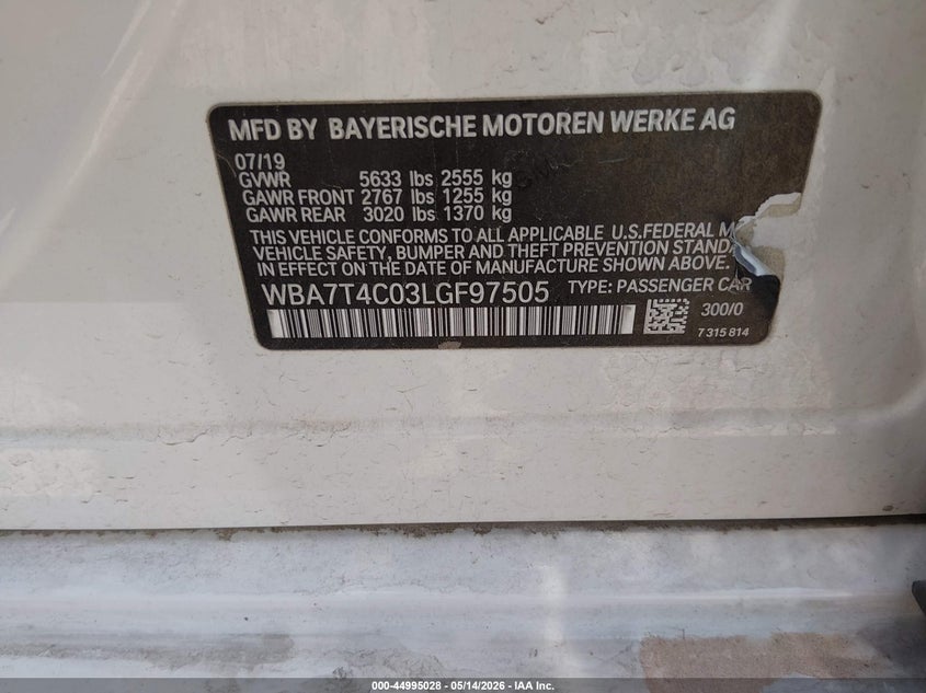 2020 BMW 7er VIN WBA7T4C03LGF97505 IAAI salvage auction — RIGHT FRONT, Original (Texas), sold $11,000 on 2026-07-22 (photo 9)