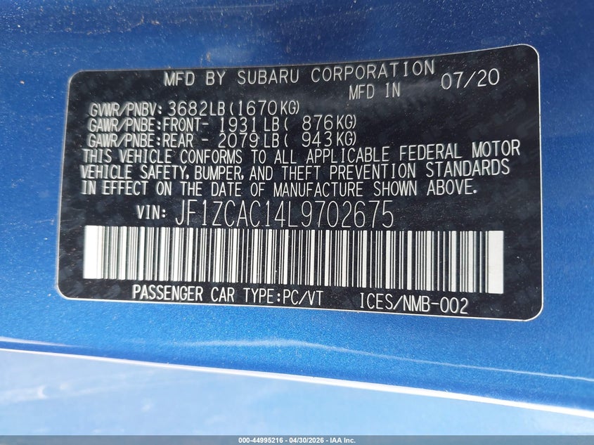 2020 Subaru Brz VIN JF1ZCAC14L9702675 IAAI salvage auction — FRONT & REAR, Salvage (Texas), sold $3,600 on 2026-07-13 (photo 9)