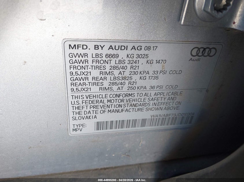 2018 Audi Q7 VIN WA1VABF73JD010304 IAAI salvage auction — RIGHT FRONT, Salvage (California), sold $6,900 on 2026-07-30 (photo 9)