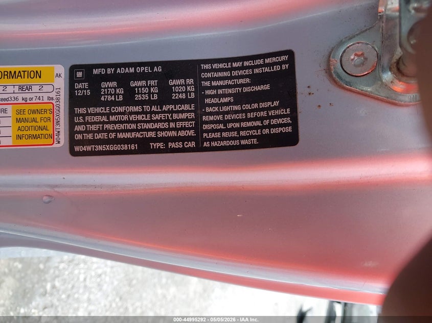 2016 Buick Cascada VIN W04WT3N5XGG038161 IAAI salvage auction — FRONT END, Salvage (Illinois), sold $925 on 2026-07-21 (photo 9)