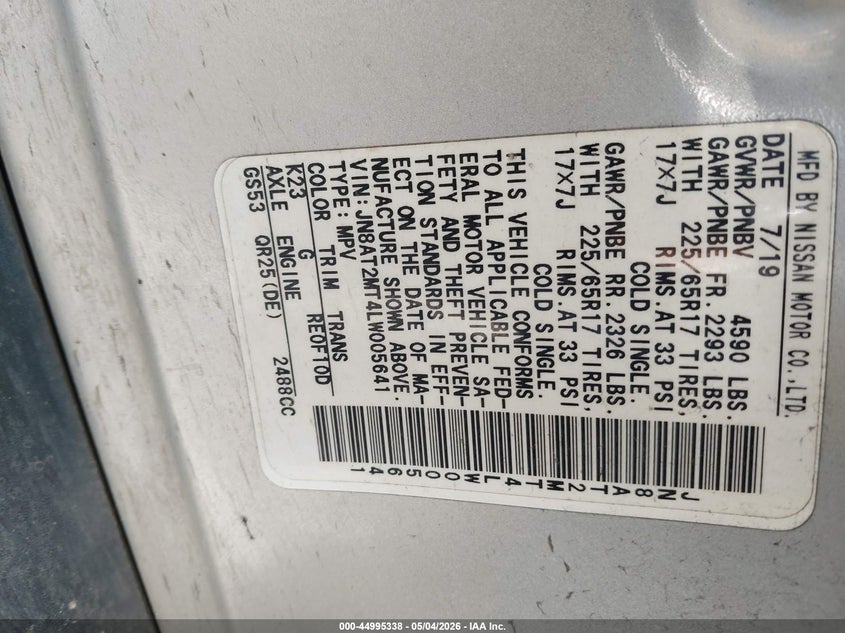 2020 Nissan Rogue VIN JN8AT2MT4LW005641 IAAI salvage auction — FRONT END, Salvage (Texas), sold $1,100 on 2026-07-22 (photo 9)