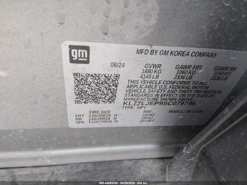 2025 Chevrolet Trax VIN KL77LJEP9SC079796 IAAI salvage auction — HAIL, Salvage (Minnesota), sold $10,600 on 2026-07-29 (photo 9)