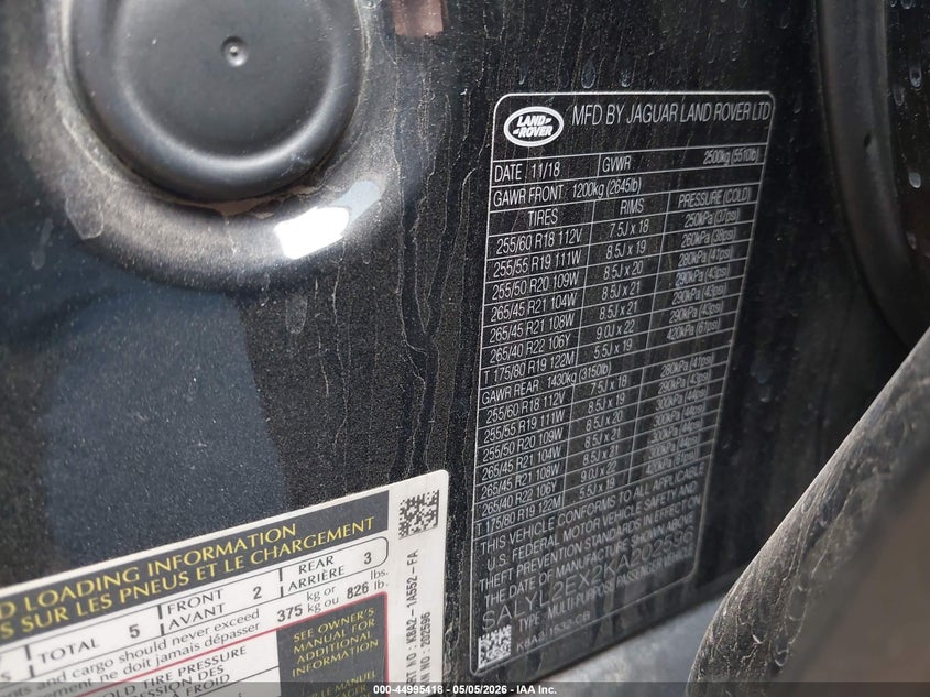 2019 Land rover Range rover velar VIN SALYL2EX2KA202596 IAAI salvage auction — SIDE, Salvage (Texas), sold $4,650 on 2026-07-10 (photo 9)