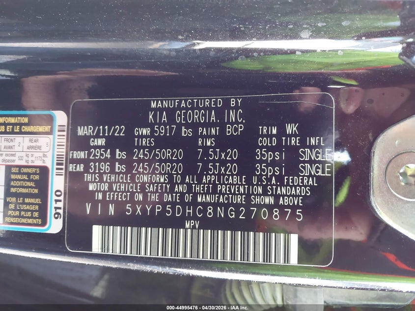 2022 Kia Telluride VIN 5XYP5DHC8NG270875 IAAI salvage auction — HAIL, Salvage (Iowa), sold $14,000 on 2026-07-09 (photo 9)