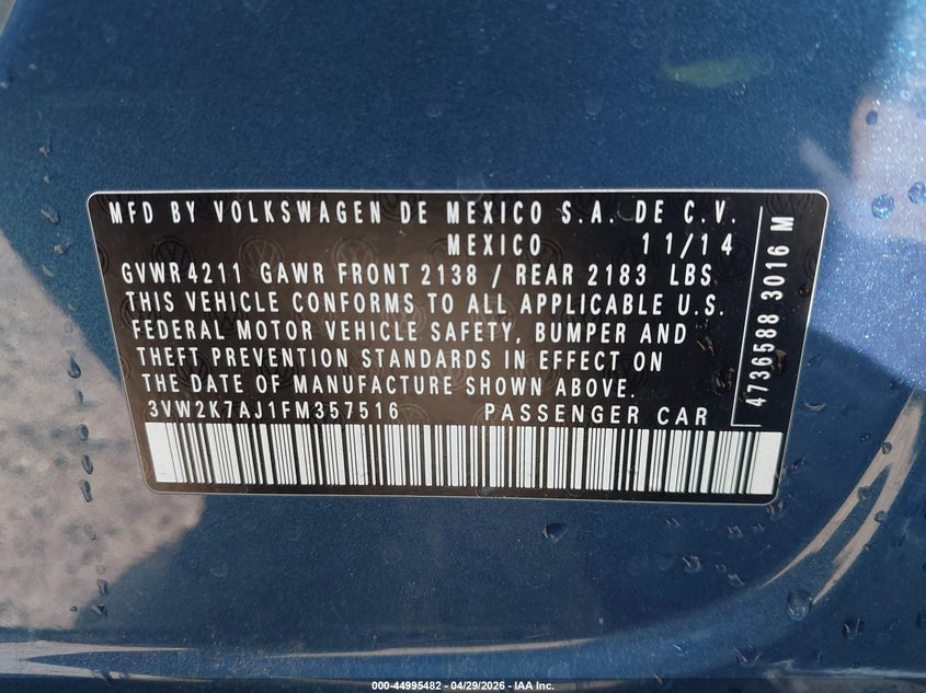 2015 Volkswagen Jetta VIN 3VW2K7AJ1FM357516 IAAI salvage auction — LEFT SIDE, Salvage (California), sold $1,225 on 2026-09-08 (photo 9)